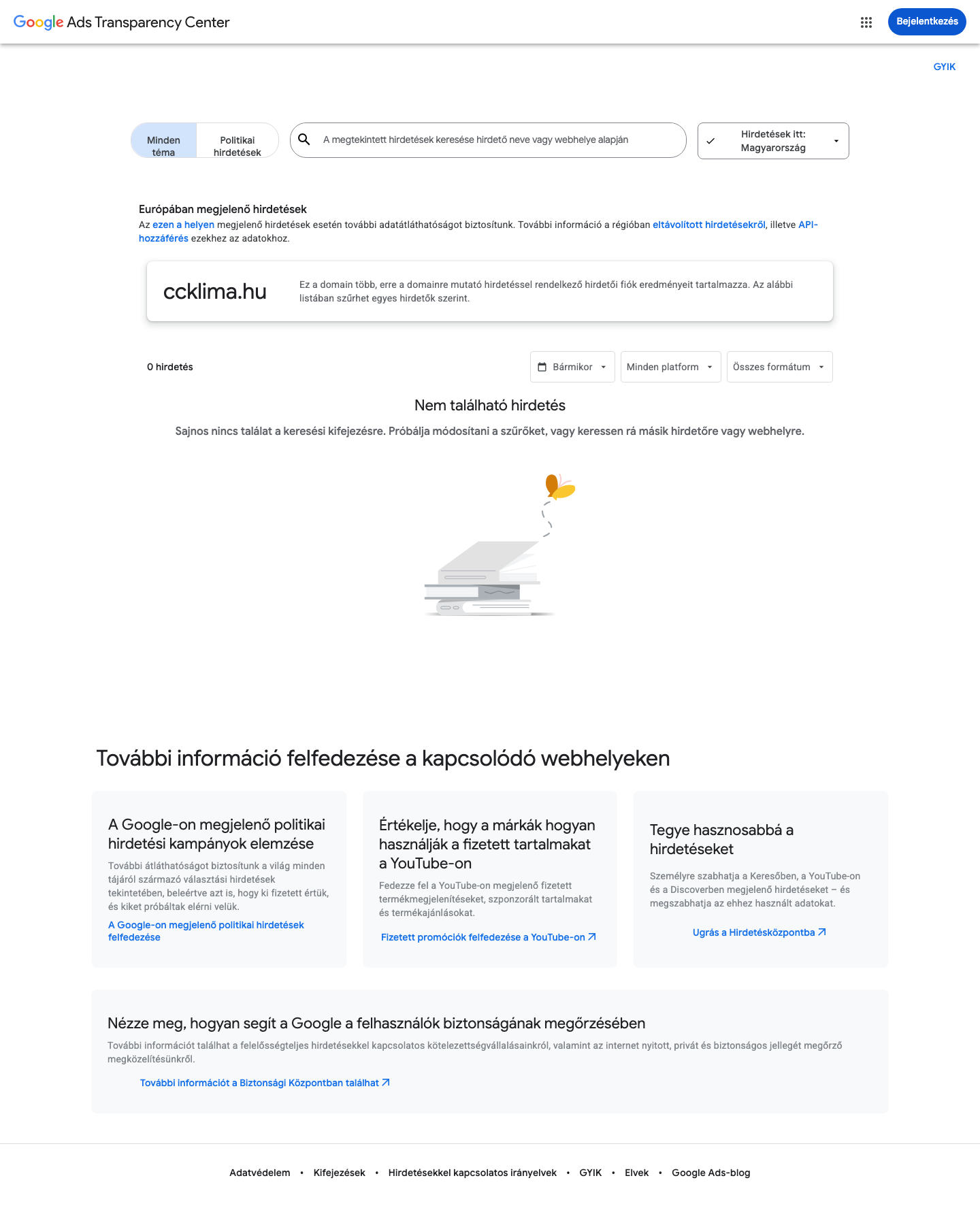 Google pontos domainkeresés, üres találat.