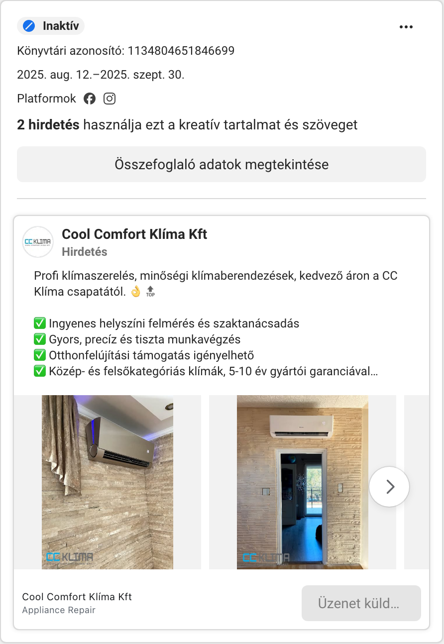 Saját történeti Meta hirdetés, inaktív állapot.